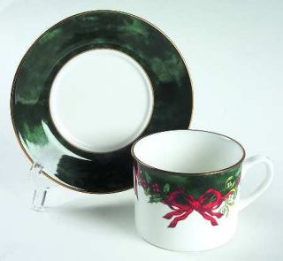 Royal Worcester Holly Ribbons Green Flat Cup & Saucer Set, Fine China Dinnerware
