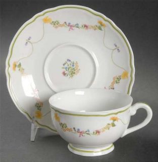 Denby Langley Garland Crown Footed Cup & Saucer Set, Fine China Dinnerware   Gre
