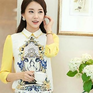 Womens Doll Collar Loose Korean Style Pattern Print Chiffon Shirts