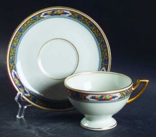 Thomas Harvest Footed Cup & Saucer Set, Fine China Dinnerware   Rust Band,Fruit,
