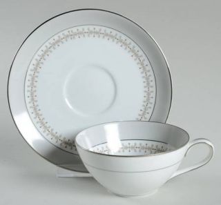 Noritake Atwood Flat Cup & Saucer Set, Fine China Dinnerware   Gray Scrolls,Tan