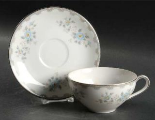 Mikasa Arden Flat Cup & Saucer Set, Fine China Dinnerware   Blue Flowers, Gray L