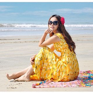 DGWE Womens Fruit Design Beach Bohemian V Neck Chiffon Dress(Yellow)