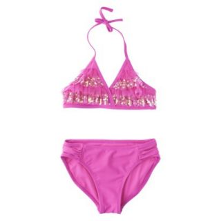 Xhilaration Girls 2 Piece Ruffled Sequin Halter Bikini Swimsuit Set   Pink XL