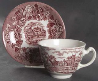 Enoch Wood & Sons English Scenery Pink (Continental Shape) Flat Cup & Saucer Set