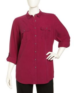 Three Quarter Button Front Blouse, Womens