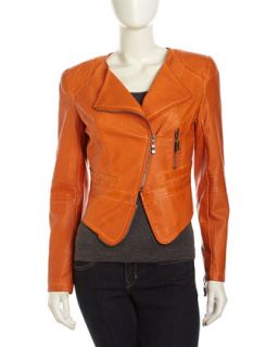 Faux Leather Zip Moto Jacket, Bright Orange