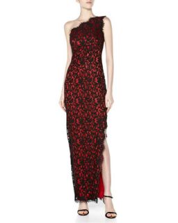One Shoulder Mesh Lace Gown, Black/Red