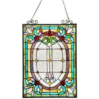 Tiffany Style Victorian Floral Window Panel (Tones of white, green, blue, red and purple Materials: Metal and Art glass Pattern: Victorian design Glass: Art glass Dimensions: 24 inches tall x 17.5 inches wide x 0.25 inch deep Assembly: Mounting hardware i
