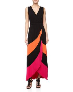 Asymmetric Striped Petal Maxi Dress, Orange Peel/Hot Pink/Black